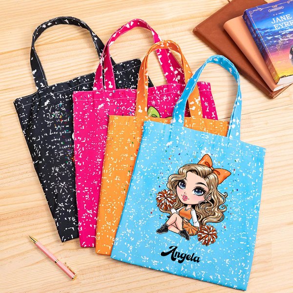 Personalized Cheerleading Girl Marble Texture Canvas Tote Bag with Name Large Capacity Commuter Accessory Game Day Birthday Gift for Women