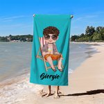 Asciugamano da spiaggia personalizzato con personaggio in stile cartone animato e nome essenziale per estate al mare regalo per famiglia