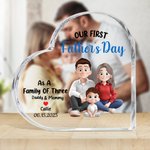 Personalized As A Family Of Three Cartoon Characters Square Heart Acrylic Plaque with Name and Date Home Decor Father's Day Gift for Family