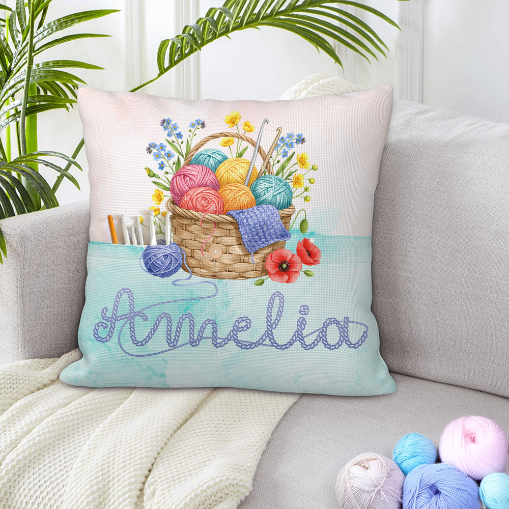 Taie d'oreiller en crochet personnalisée avec nom et poches Cadeau de pendaison de crémaillère pour les amoureux du tricot