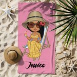 Asciugamano da spiaggia personalizzato con personaggio in stile cartone animato e nome essenziale per estate al mare regalo per famiglia