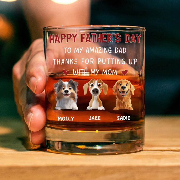 Personalised To My Amazing Dad 3D Cartoon Dog 10 oz Whiskey Glass with 1-4 Names Happy Father's Day Gift for Dog Dad Dog Lover