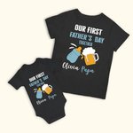 Personalisiertes  Babyflasche Weinglas Design Babybody und T-Shirt Set aus 100% Baumwolle mit Namen Vatertag Geschenk für Baby Papa