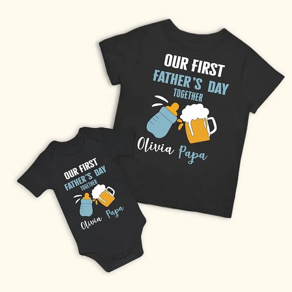 Personalisiertes  Babyflasche Weinglas Design Babybody und T-Shirt Set aus 100% Baumwolle mit Namen Vatertag Geschenk für Baby Papa
