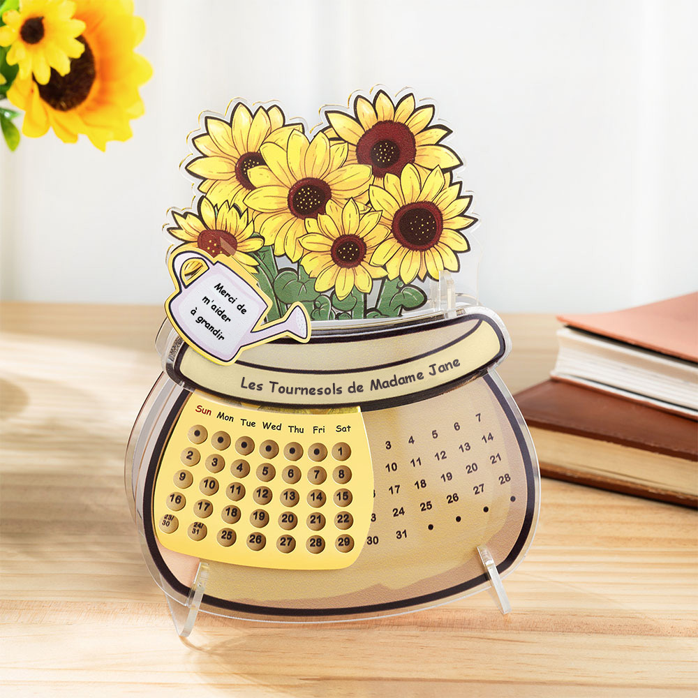 Calendrier Perpétuel Personnalisé avec Texte Design Pot de Fleurs Motif Tournesol Cactus Jonquille Cadeau Fête des Professeurs pour Enseignants