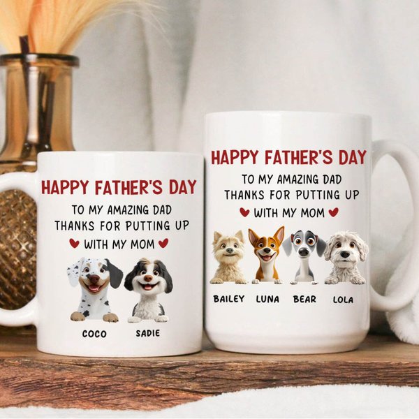Personalized To My Amazing Dad Cute Cartoon 3D Dog 11 oz 15 oz White Ceramic Mug with 1-4 Names Birthday Happy Father's Day Gift for Dog Dad Dog Lover