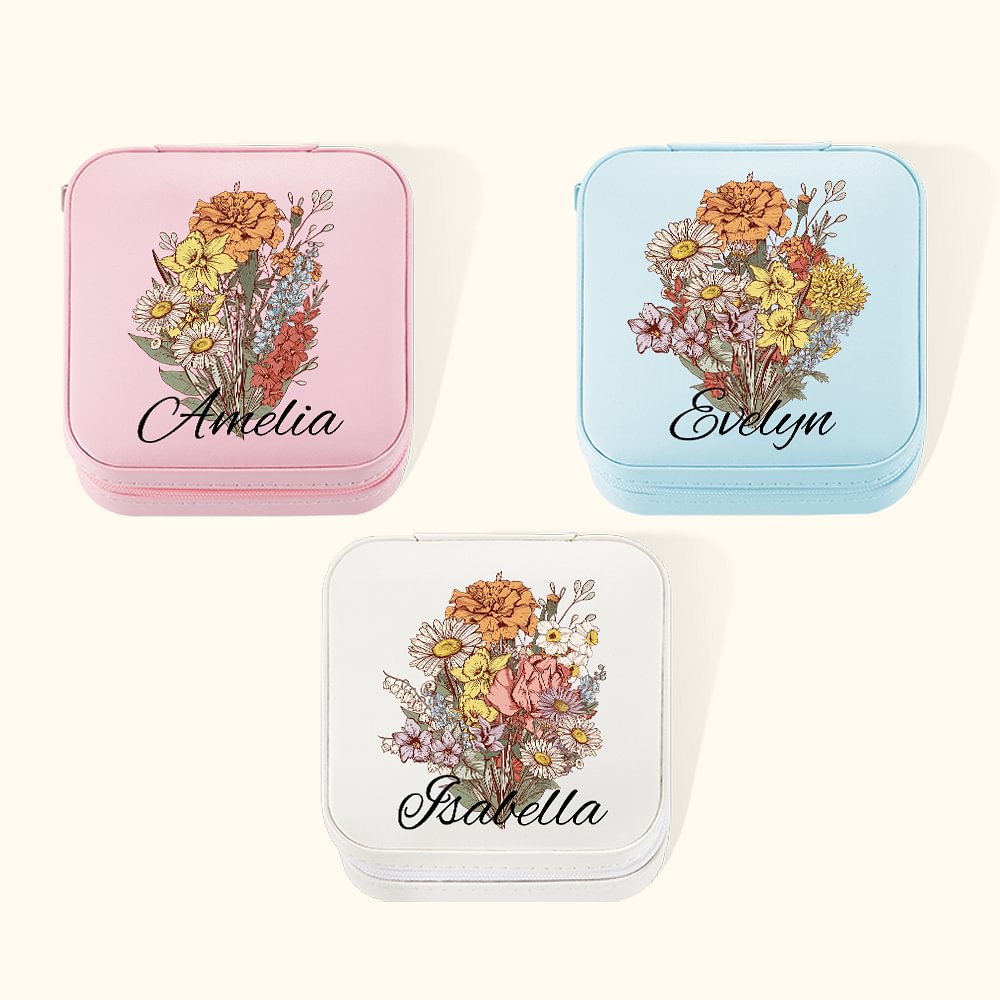 Boîte à bijoux portable en cuir avec nom et accessoires de voyage Cadeau de fête des mères pour maman grand-mère