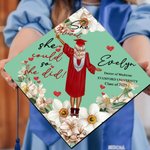 Personalized She Believed She Could So She Did Birth Flower Cartoon Graduation Cap Topper Decoration with Name and Year Graduation Gift for Women