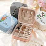 Personalized Birth Flower PU Leather Jewelry Box with Name Portable Travel Essential Birthday Wedding Gift for Women