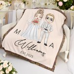 Personalisierte Cartoon Braut und Bräutigam Quaste weiche Decke mit Familiennamen und Hochzeitsdatum Home Decor Valentinstag Geschenk für Paare