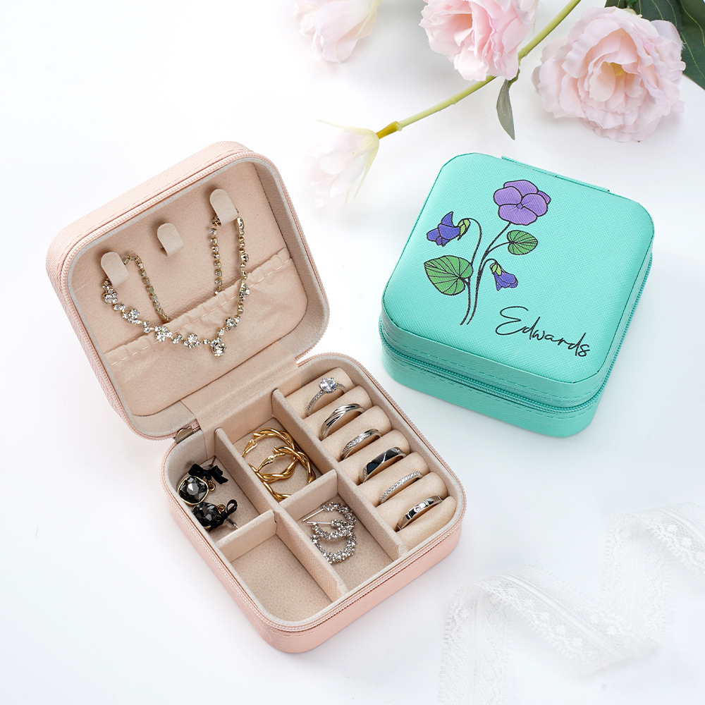 Boîte à bijoux en cuir PU avec nom, personnalisée par une fleur de naissance, portable, essentielle pour le voyage, cadeau d'anniversaire et de mariage pour les femmes