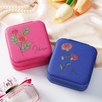 Personalized Birth Flower PU Leather Jewelry Box with Name Portable Travel Essential Birthday Wedding Gift for Women