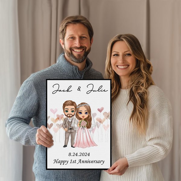 Personalised Cartoon Bride and Bridegroom Frameless Black Framed Painting with Name and Wedding Date Home Decor Anniversary Gift for Couple Newlyweds