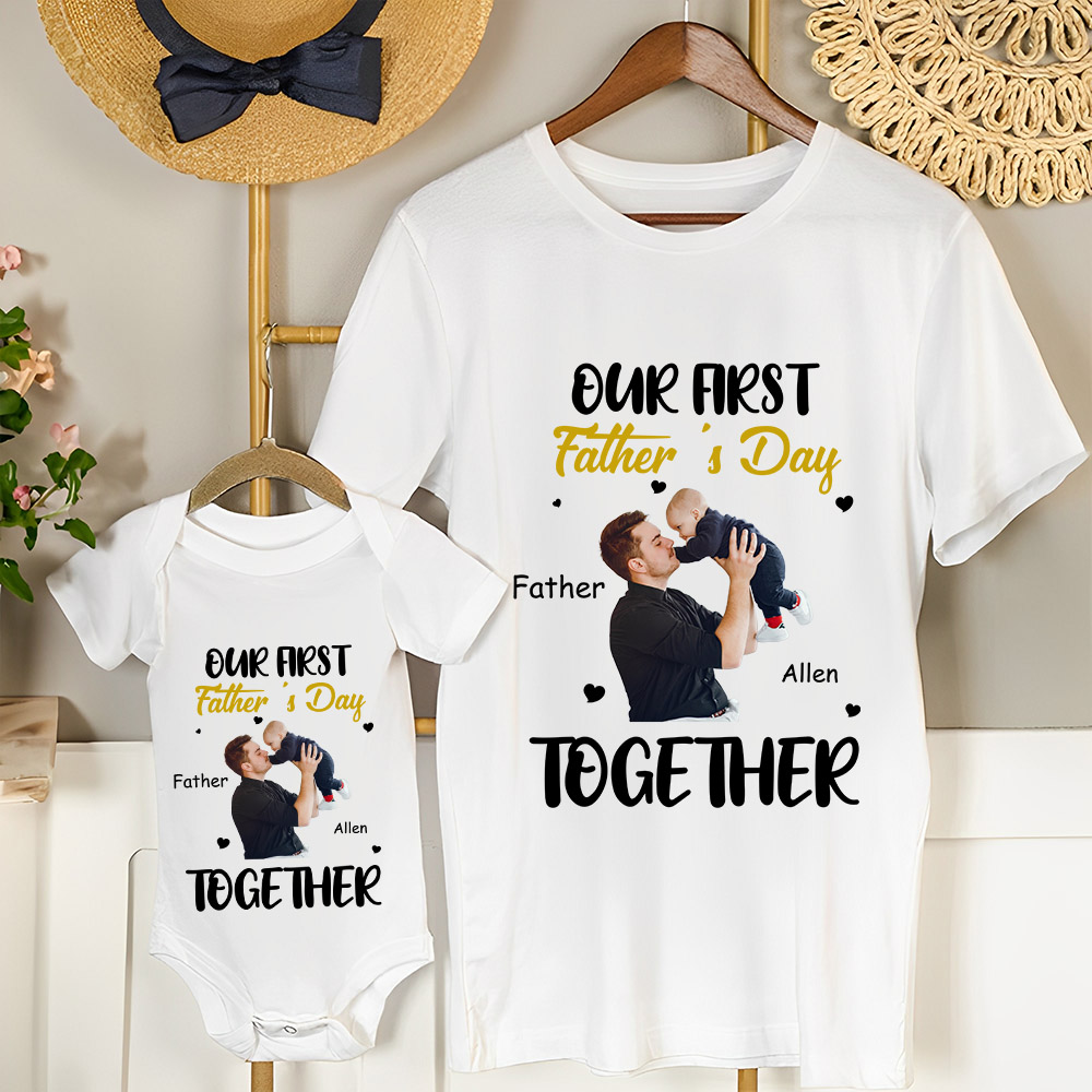 Personnalisé Notre première fête des pères ensemble Photo 100% coton T-shirt bébé Bodysuit avec noms Cadeau d'anniversaire pour bébé papa