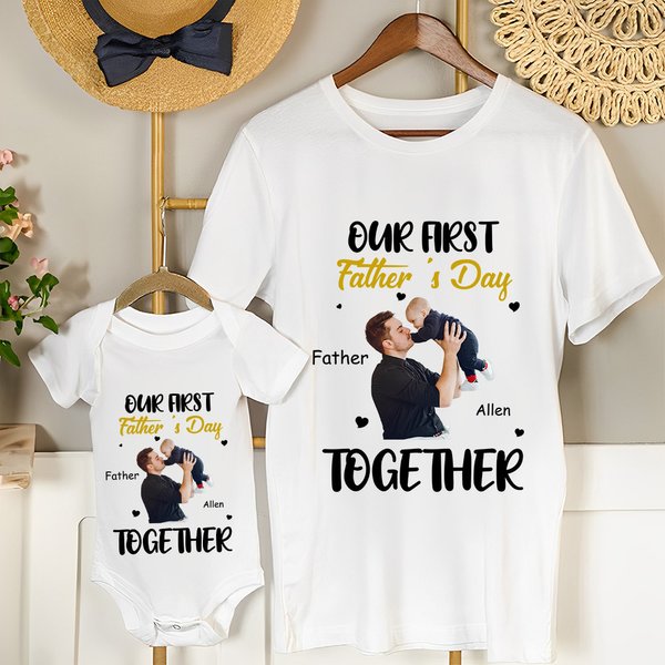 Personlig Vår första fars dag tillsammans Foto 100% bomull T-shirt Baby Bodysuit med namn Födelsedagspresent till baby pappa