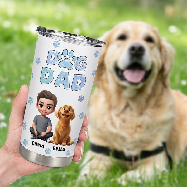 Personalised Dog Dad 3D Cartoon Character and 1-4 Dogs 20 oz Insulated Tumbler with Names Birthday Father's Day Gift for Dad Pet Lovers