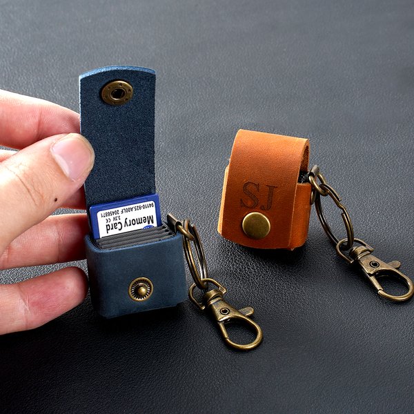 Personalised Mini Portable Genuine Leather SD Card Holder Storage Bag with Engraved Name and Keychain Camera Accessory Birthday Gift for Photographer