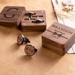 Personalised Engraved Name Initials Cufflinks Set of 2 with Date and Wooden Box Clothing Accessories Wedding Anniversary Gift for Men Groomsmen