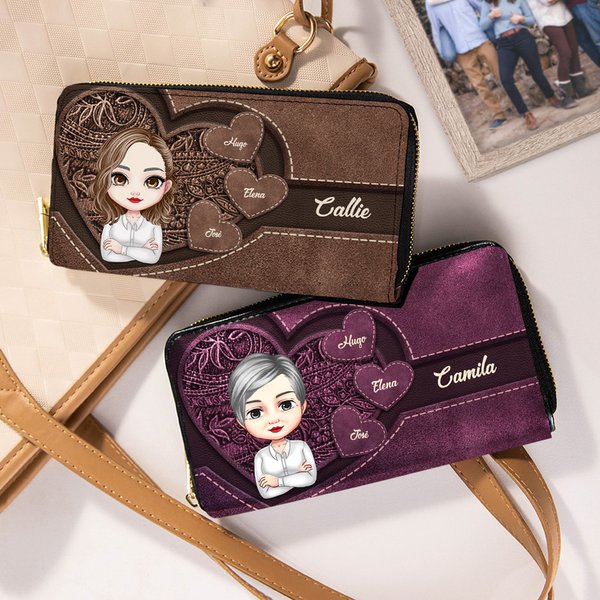 Cartera larga personalizada de cuero PU con 1 a 8 nombres y compartimentos con personaje de dibujos animados regalo para mujeres en Día de la Madre
