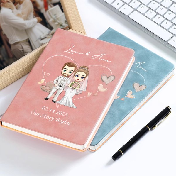 Journal d'amour en cuir A5 avec nom Date de mariage Cadeau d'anniversaire pour jeunes mariés Couple