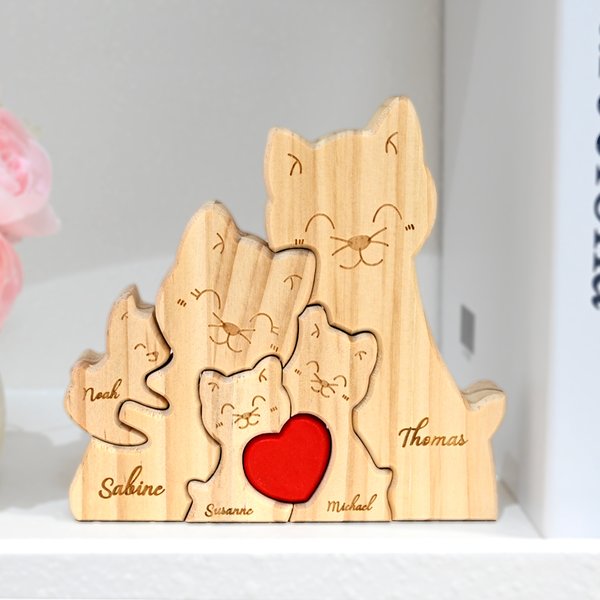 Personalized Wooden Cat Family Red Heart Puzzle  with 2-5 Names Desk Decor Birthday Anniversary Gift for Family