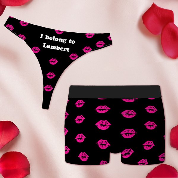 Personalized Heart Lip Breathable Couple Thong Brief Boxer Underwear Set with Texts Honeymoon Travel Valentine's Day Gift for Men Women