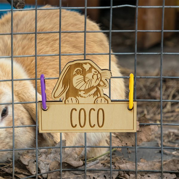Personalizado lindo conejito de madera etiqueta de la jaula del conejo con lazos para colgar y grabado nombre de la jaula Accesorios de decoración Regalo de cumpleaños para los propietarios de mascota