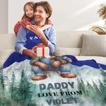 Personalized Cute Cartoon Hugging Bear Sitting with Mountain View Soft Throw Blanket with Names and Text Father's Day Birthday Gift for Dad Grandpa