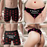 Personalized Heart Lip Breathable Couple Thong Brief Boxer Underwear Set with Texts Honeymoon Travel Valentine's Day Gift for Men Women