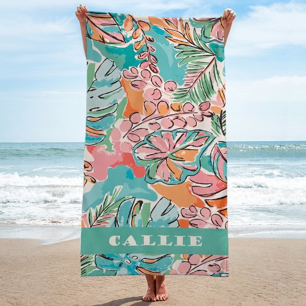 Personlig tropisk vibe akvarellblommor snabbtorkande överdimensionerad strandhandduk med namn sommar semester poolparty present för kvinnor simälskare