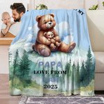 Personalized Cute Cartoon Hugging Bear Sitting with Mountain View Soft Throw Blanket with Names and Text Father's Day Birthday Gift for Dad Grandpa