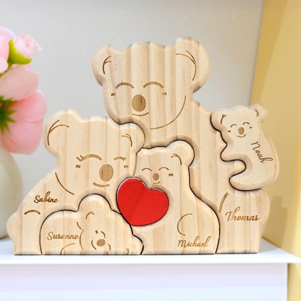 Casse-Tête Familial en Bois Personnalisé avec 2-5 Koalas et Noms Gravés Décoration de Bureau Cadeau Anniversaire pour Famille