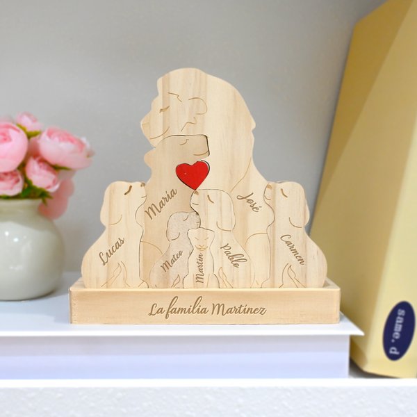 Rompecabezas de madera personalizado con familia de leones y 2-7 nombres decoración de escritorio regalo del Día de la Madre para familia