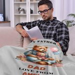 Personalized Cute Cartoon Hugging Bear Sitting with Mountain View Soft Throw Blanket with Names and Text Father's Day Birthday Gift for Dad Grandpa