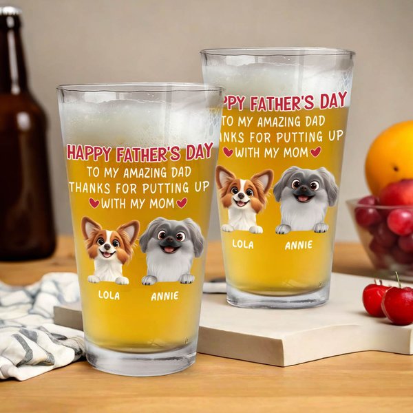 Personalized 1-4 Cute 3D Cartoon Dogs 16 oz Clear Beer Glass with Name Father's Day Birthday Anniversary Gift for Dog Dad Beer Lovers