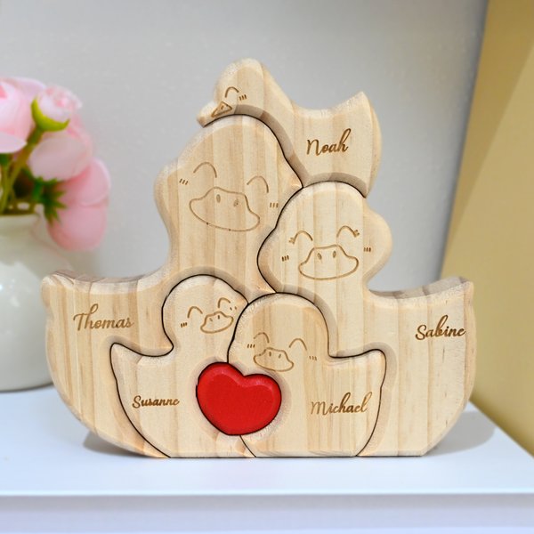 Personalized Wooden Duck Family Red Heart Puzzle with 2-5 Names Desk Decor Birthday Anniversary Gift for Family
