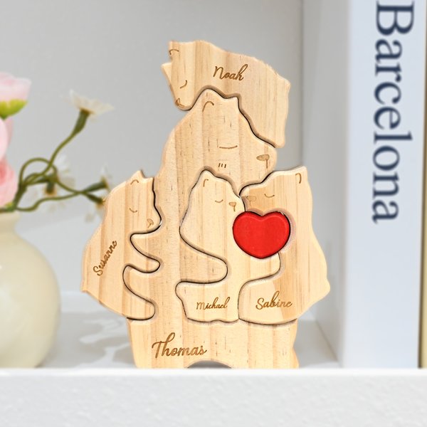 Personalized Wooden Bear Family Red Heart Puzzle with 2-5 Names Desk Decor Birthday Anniversary Gift for Family