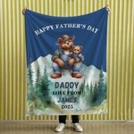 Personalized Cute Cartoon Hugging Bear Sitting with Mountain View Soft Throw Blanket with Names and Text Father's Day Birthday Gift for Dad Grandpa