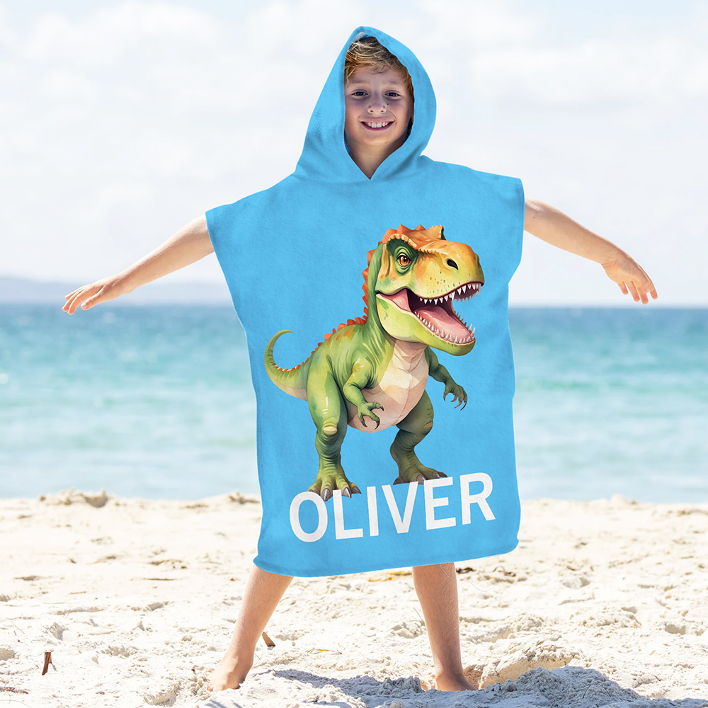 Serviette de plage à capuche personnalisée en microfibre avec nom Dinosaure Fantasy Unicorn Cadeau d'anniversaire de voyage essentiel pour les enfants