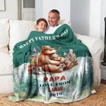 Personalized Cute Cartoon Hugging Bear Sitting with Mountain View Soft Throw Blanket with Names and Text Father's Day Birthday Gift for Dad Grandpa