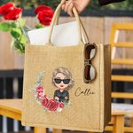 Personalized Birth Flower Cartoon Character Reusable Jute Tote Bag with Name Birthday Gift for Women