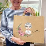 Personalized Birth Flower Cartoon Character Reusable Jute Tote Bag with Name Birthday Gift for Women