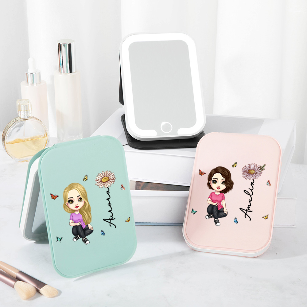 Miroir de maquillage personnalisé avec nom et éclairage LED réglable en trois couleurs Cadeau d'anniversaire pour femmes