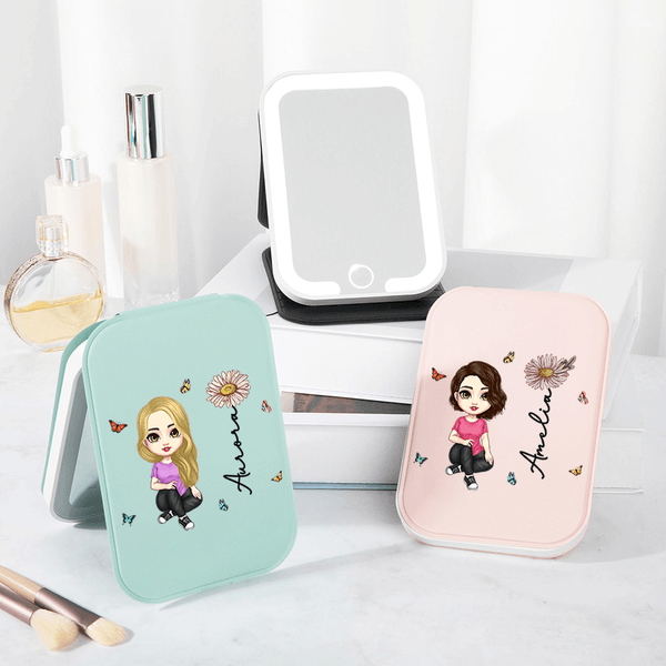 Personalized Birth Flower Cartoon Character Makeup Mirror with Name and Three-color Adjustable LED Lighting Birthday Anniversary Gift for Women