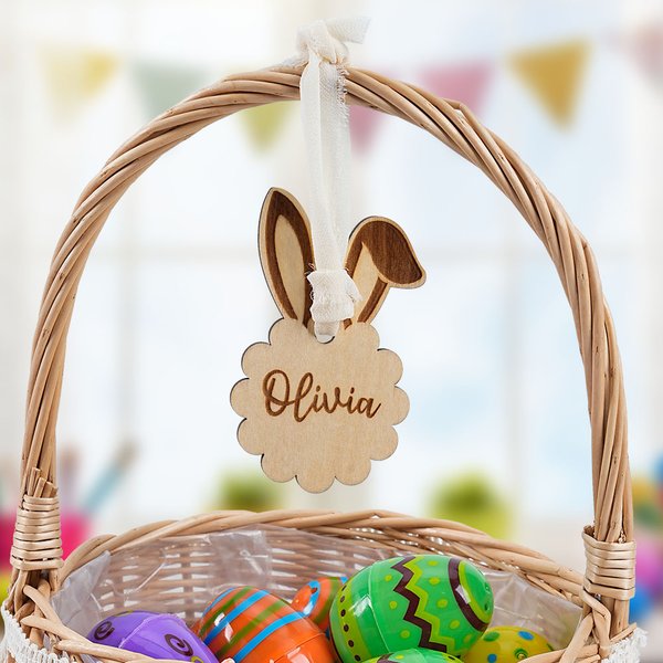Cestino di Pasqua in legno personalizzato Orecchie di coniglio Etichetta a forma di nuvola con nome e nastro Uova a caccia di festa Regalo di Pasqua per bambini