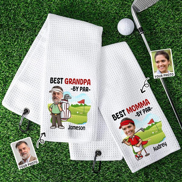 Henkilökohtainen hauska sarjakuva Golf Player Face Photo imukykyinen vohveli Sport pyyhe nimi otsikko roikkuu Clip harjoitus syntymäpäivälahja Golf Loverille