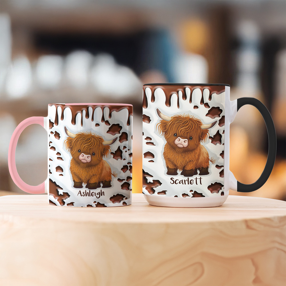 Tazza da caffè in ceramica personalizzata con nome e sottobicchiere per l'amante delle mucche delle Highlands
