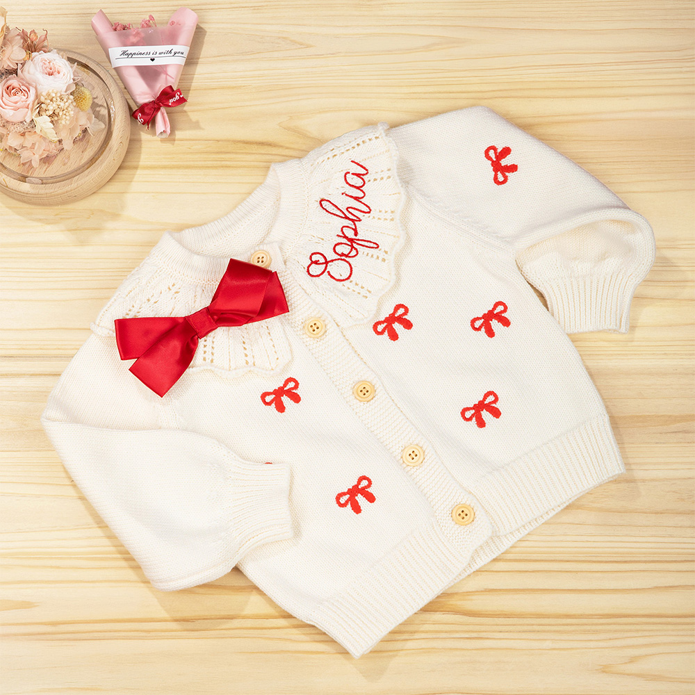 Pull cardigan à manches longues en coton avec nom brodé personnalisé Coquette Bow Baby Shower Birthday Gift for Baby Girls