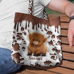 Personalised Highland Cow Large Tote Bag with Name and Long Handle Travel Graduation Birthday Gift for Highland Cow Lovers