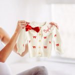 Personalized Coquette Bow 100% Cotton Long Sleeve Knitted Cardigan Sweater with Embroidered Name Baby Shower Birthday Gift for Baby Girls